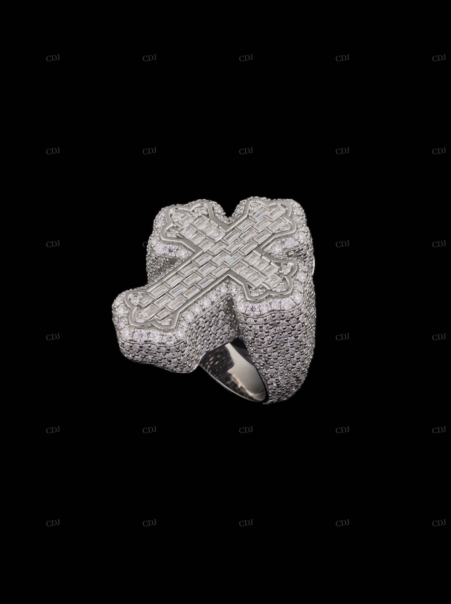 Floral Shape Cross Moissanite Sterling Silver Ring