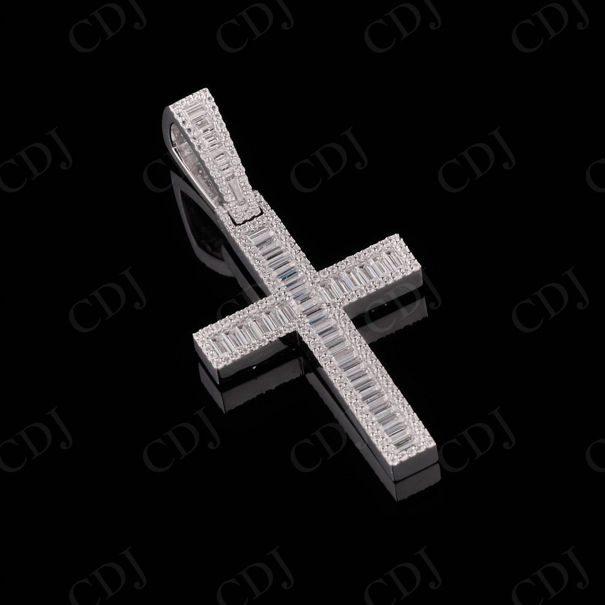 1.30" Sterling Silver Moissanite Round Baguette Cross Pendant
