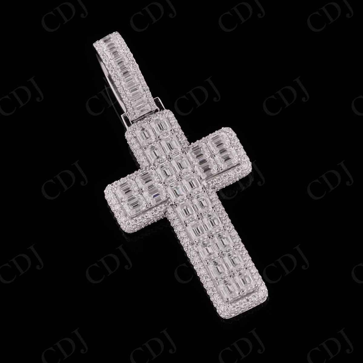 1.5" Sterling Silver Moissanite Round Emerald Cross Pendant