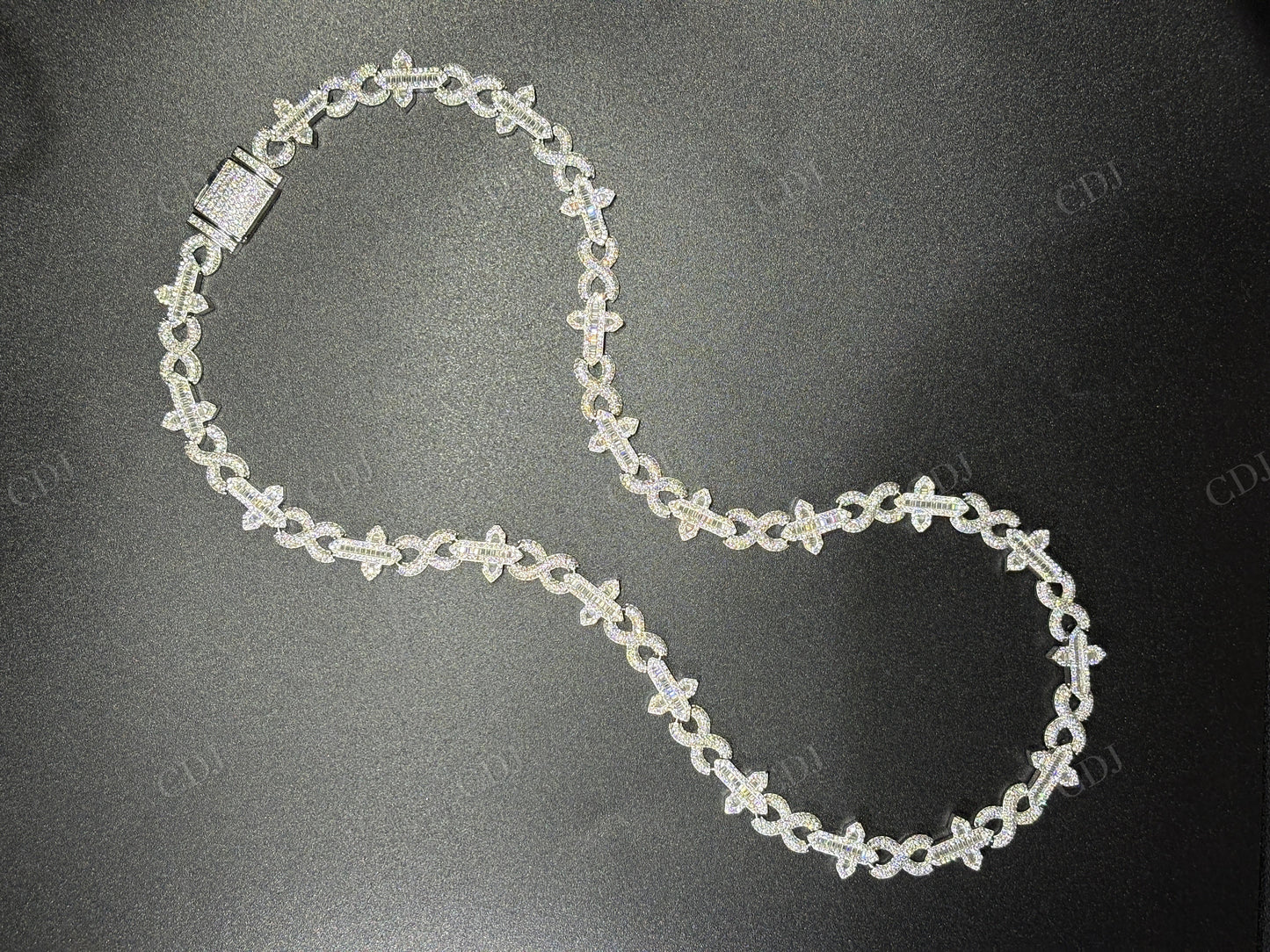 12mm Sterling Silver Moissanite Cross Baguette Infinity Chain