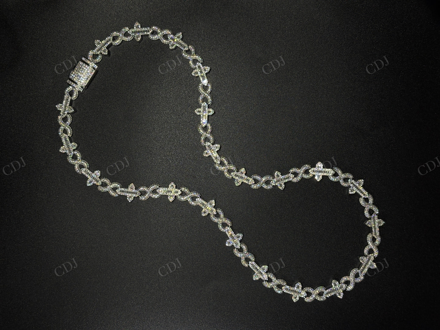 12mm Sterling Silver Moissanite Cross Baguette Infinity Chain