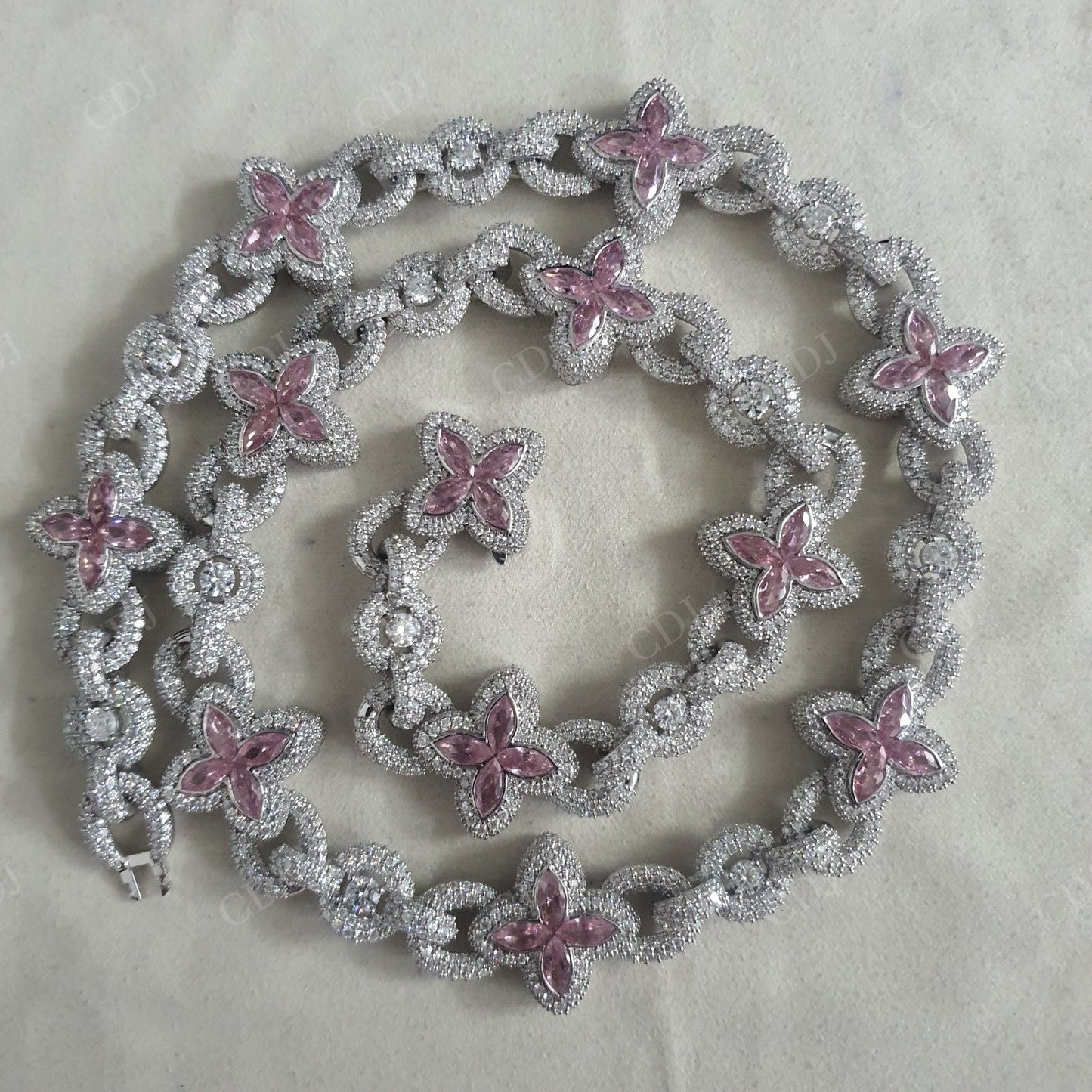 21mm Sterling Silver Moissanite Pink Flower Chain