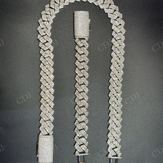 18mm Round and baguette Moissanite Sterling Silver Cuban Chain