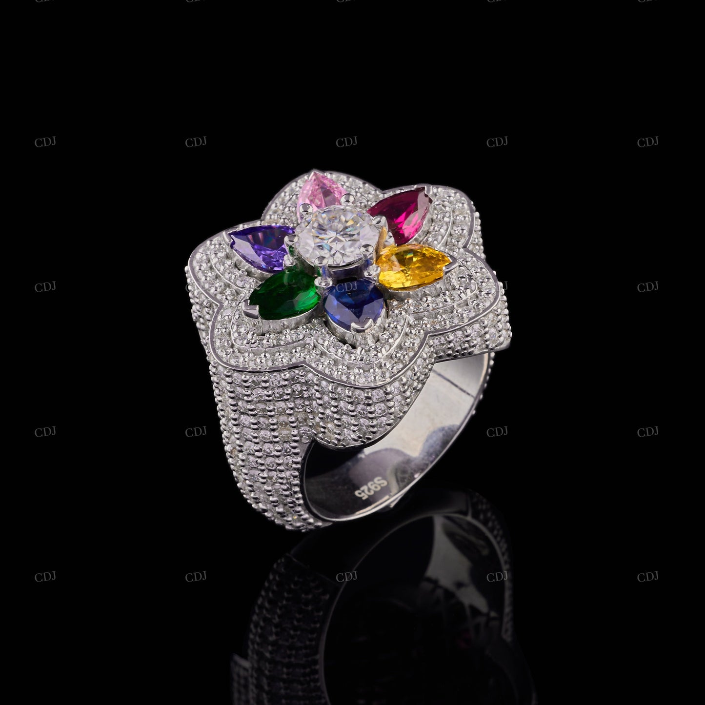 Multi Flower Shape Moissanite Sterling Silver Ring