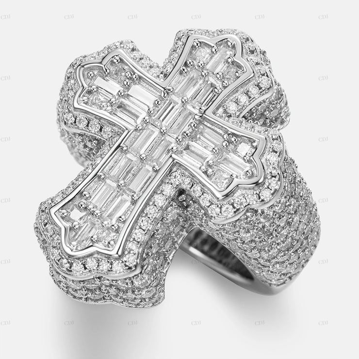 Floral Shape Cross Moissanite Sterling Silver Ring
