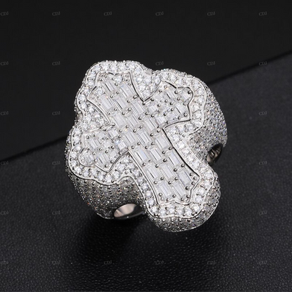 Floral Shape Cross Moissanite Sterling Silver Ring