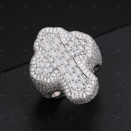 Floral Shape Cross Moissanite Sterling Silver Ring