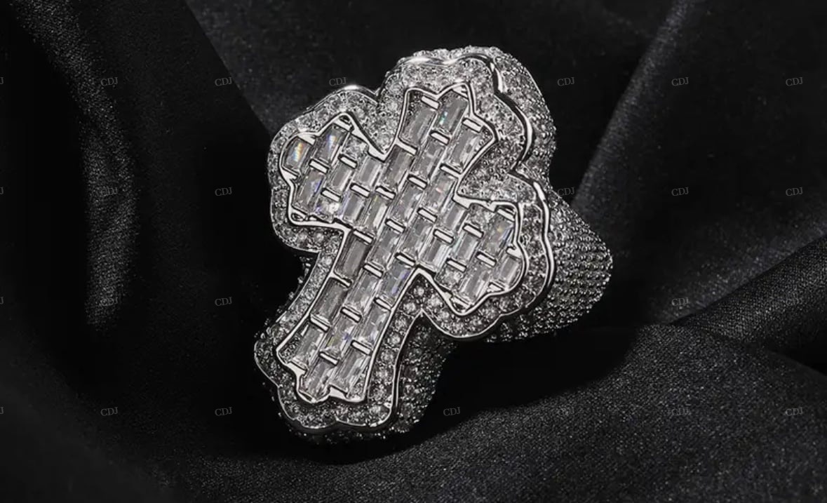 Floral Shape Cross Moissanite Sterling Silver Ring