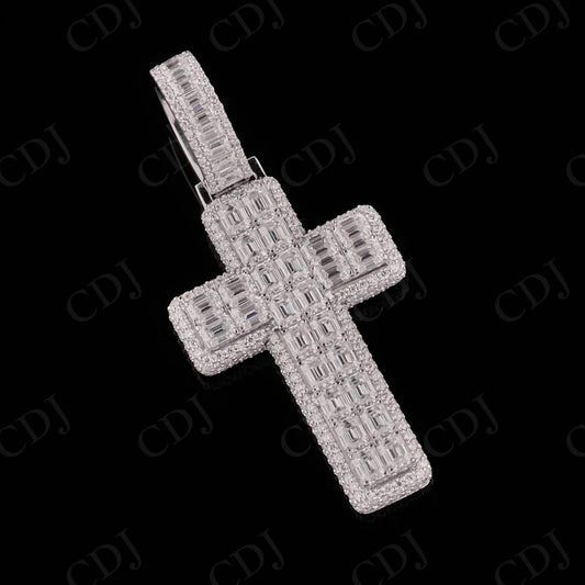 1.5" Sterling Silver Moissanite Round Emerald Cross Pendant